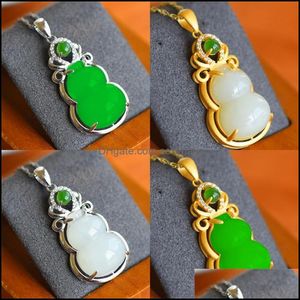 Pendant Necklaces Pendants Jewelry Natural Green Hetian Jade Gourd Sier Necklace Chinese Carved Charm Fashion Amet For Women Lucky Gifts 1