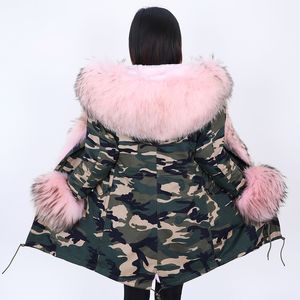 MAOMAOKONG inverno donna cappotti lunghi con rosa vero cappotto di pelliccia collo di pelliccia di procione naturale lungo parka giacca calda da donna 201201