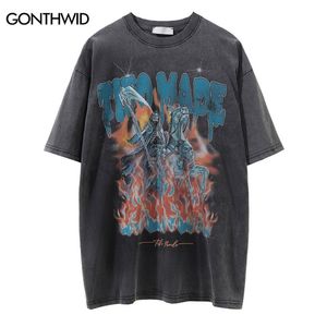 Estruerad gotisk tshirt streetwear hip hop skalle ridning flamma tryck punk rock tshirt harajuku sommar casual t shirt