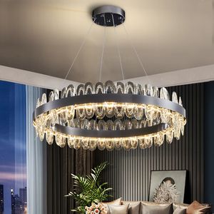 Nordic Clear Crystal Chandelier Pendant Lamps Texture Hängande LED -lampa Svart belysning Fixtur för vardagsrum Matsal Kök Island Decor