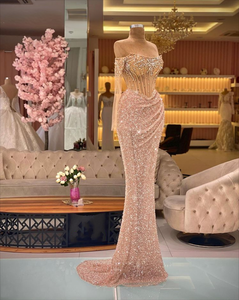 Luxury Off The Shoulder Evening Dresses Beaded Crystal Birthday Party Gowns Mermaid Formal Dress Long Sleeve Robe De Soiree