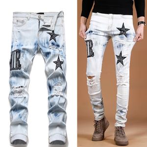 Herren-Jeans, große Größe 38, Biker-Jeans für Herren, Destroyed-Waschung, Denim-Hose, schmale Passform