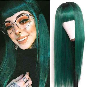 Long Straight Green Belt Bangs damer Syntetiska peruk 26 tum 65 cm cosplay Anime Hög temperatur och värmebeständig fiber 220622