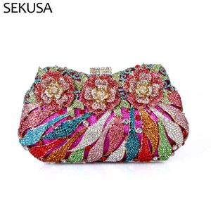 Sacos de noite elegante rosa flor mulheres cristal embreagem sacos de embreagem nupcial bolsa floral e bolsa festa de casamento diamante saco 220321