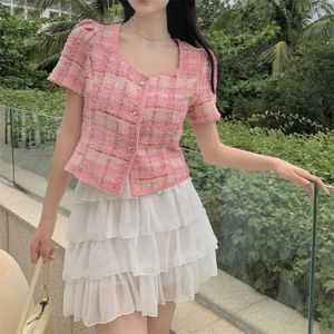 Small Fragrant Korean Sweet 2 Piece Set Women Puff Sleeve Tweed Coat Crop Top Chiffon Cake Skirts Sets Ladies Two Piece Suits 220521