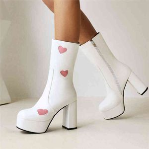 Newcomer Plattform Midcalf Women Boots Mode Damen süße herzförmige dicke High Heels Boots Party sexy Schuhe Frau J220805