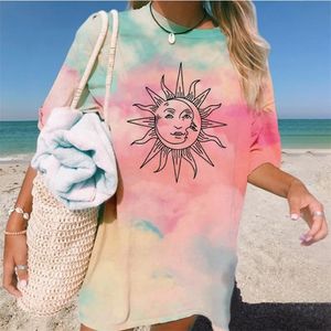 Vintage Zon Print Oversized T-shirt Zomer Losse Korte Mouw O Hals Trui Tops Harajuku Casual Tie Dye T-shirt vrouwelijke 220511