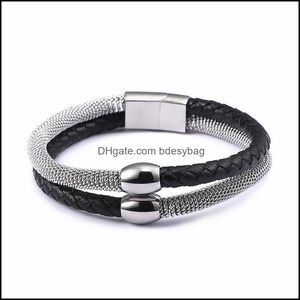 Tennis Bracelets Jewelry 21.5Cm Vintage Braided Leather For Men Stainless Steel Sier Mesh Chain Wrap Homme Unique J Dhkmn