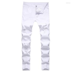 Mens Jeans White Ripped Skinny Estruerad förstörde manlig cyklisthål Disken Dragd Zipper Slim Fit Denim Casual Trousers Pants Drak22