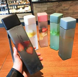 Transparent Square Plastic Matte Water Bottles Outdoor Cold Juice Waters Sports Cup Milk Cups with Portable Rope More Colors