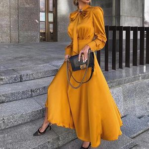 Abiti casual Abiti eleganti vintage di classe Donna 2022 Moda Primavera Autunno Manica lunga Abito giallo in raso Chic Maxi