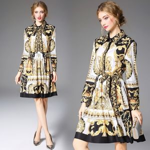 Drop Spring Summer Fall Runway Vintage Barock Print Collar Long Sleeve Roun Luxury A-Line Women Damis Casual Dress Ankomst W220315