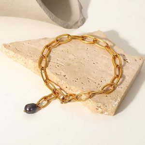 Link Chain Retro Black Pearl Pendant 18K Gold Plated Cross Stainless Steel Bracelets For Women JewelryLink
