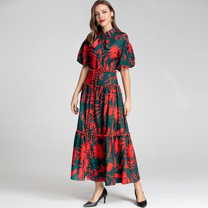 Women's Runway Dresses Turn Down Collar Short Sleeves Printed High Street Fashion Dress Vestidos