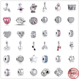 925 Silver Fit Pandora Charm 925 Bracelet Valentine's Day Charm Love Heart Clip Rose charms set Pendant DIY Fine Beads Jewelry