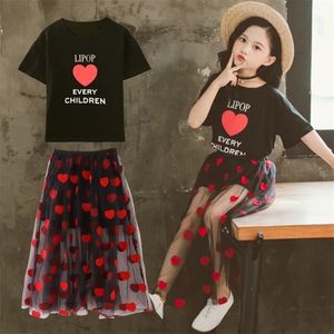 Summer Children's Clothing Set för Girls Cotton Heart Shirts kjolar 2 st skolkläder 3 5 7 9 11 år 220620