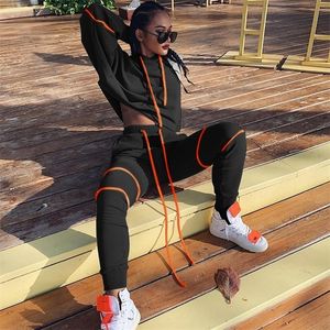OMSJ Two Piece Set Crop Hooded Top and Pants Sweatsuits For Women Black Orange Cool Fall Tracksuit Femme Holiday Outfits T200630
