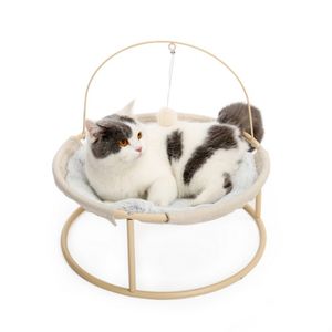 venda por atacado Cama de gato macio gato de pelúcia hammock cama destacável animal de estimação com bola pendente para gatos, cachorros pequenos-bege
