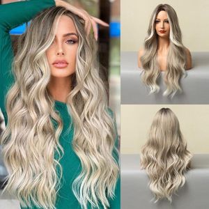 Synthetic Wigs Lace For Women Ombre Blond Body Wave 26 Inches Long Wavy Cosplay T Part Wig Heat Resistant