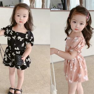 Summer Girls Suit Bow Tie Printing Square Neckline Blouse Shorts 2Pcs Toddler Baby Kids Clothes Children Clothing Sets 220615