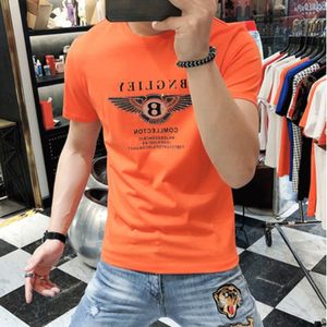 2022 letnie męskie koszulki modne nadruki w litery gorące diamenty projekt z krótkim rękawem merceryzowana bawełna wokół szyi pół rękawa koszulki wielokolorowy pomarańczowy wąski top M-6XL