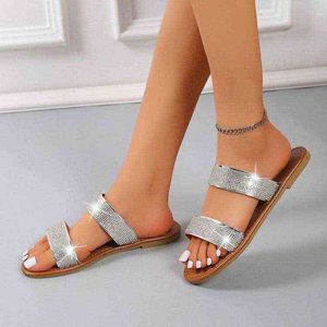 Kadın moda kristal terlik bayanlar yaz bling terlik düzlükleri kadın gündelik plaj ayakkabıları açık ışık slaytları j220716