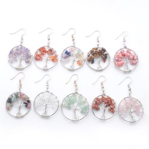 Wholesale wire chip resale online - Beauty Fashion Round Shaped Dangle Earrings For Women Silver Plated Wire Wrapped Tree of Life Amulet Natural Gemstone Chips Beads Hanging Earring DBR343