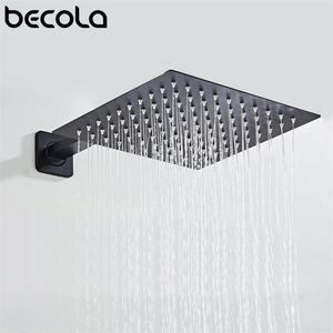 BECOLA Black Chrome Square Rain Shower Head Ultrathin 2 MM 10 Inch Choice Bathroom Wall & Ceiling Mounted Arm 220401