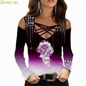 Snake YX Женский кросс -шея роза припечатка с плеча с тонкой топ с длинными рукавами негабаритная футболка 220408