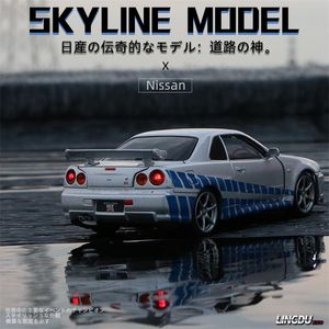 1 tot Nissan Skyline ARES GTR R34 Alloy Sportacar Model Diecasts Metaal speelgoedauto Model Hoge simulatie geluid Licht kindergift