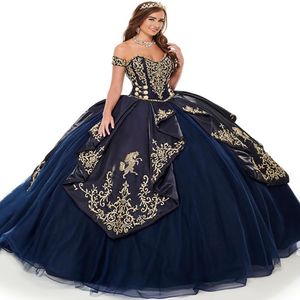 Vintage Dark Navy QuinCeanera klänningar Guldbroderi Bollklänning Girls Prom Party klänningar från axeln snörning korsett prinsessa söt 15 16 klänning 2022