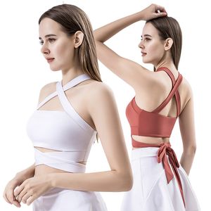 Kvinnors tankar Camis Fashion Chest Wrap Yoga Fitness Vest Women Cross Back Wear Running Sweat Absorption Shock Proof BH med br￶stkudden