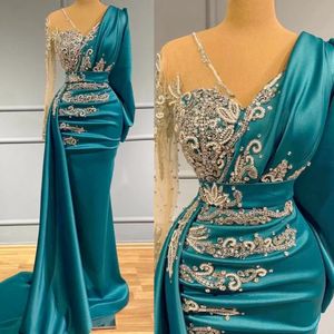 Teal Blue Mermaid Prom Formal Dress with Long Sleeve 2022 Pleated Stain Beaded Arabic Aso Ebi Evening Gowns vestidos de gala