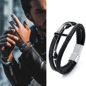 Charm-Armbänder GENTLEMAN SIDEWAYS CROSS CUFF-STYLE LEDER SCHWARZ GEFLOCHTEN TRIPLE WRAP MENS FÜR MÄNNERSCHMUCK