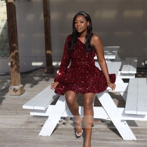 Sequins African Prom Dresses 2022 For Black Girls One Shoulder Birthday Party Gowns Mini Cocktail Homecoming Aso Eb