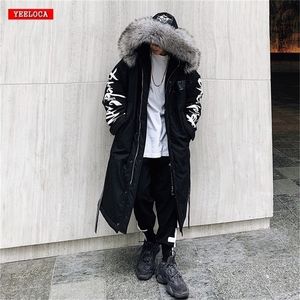 Invierno hip hop moda abrigo largo con cuello de piel chaqueta de algodón Sudaderas con capucha ropa Ropa de calle abrigos cálidos gruesos 201209
