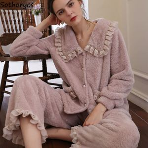 Kvinnor Coral Fleece Pyjama Ställer in vintertjockning av krage spetsprinsessan nattkläder lyxig varm flanell pajamas 2 bitar lounge l220803
