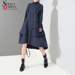 Elegant Style Woman Navy Blue Casual Shirt Dress Long Sleeve Cascading Ruffle Office Ladies Party Midi Dress Robe Femme 3807 210303