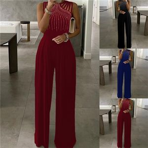 Summer Party Wear Clothes Women's Sexy Studded Cutout Ruched Wide Leg Jumpsuit Casual Sleeveless Long Pants 220513
