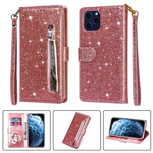 Leder Reißverschluss Flip Case für iPhone 14 13 12 11Pro Max XS XR 8 7 Plus Samsung Modelle Brieftasche Bling Shinning Handytasche