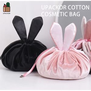 Upackor Cotton Cosmetic Bag Cute Soft Rabbit Ear Girl Makeup Case Accessories String Storage Box For Girl Gift And Travel 210305