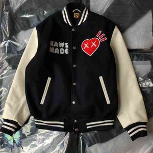 Human Made Varsity Jacket Sheep Tweed Uniform Love Embroidery Leather Sleeve Mens Womens Baseball W220813 UVAI