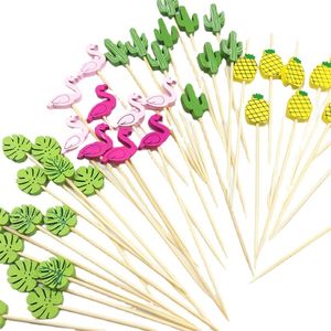 100Pcs Flamingo Bamboo Pick Buffet Cactus leaves Cupcake Fruit Fork Dessert Salad Stick Cocktail Skewer for Party Decoration 220527