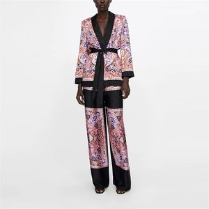 Mode Patchwork Floral Anzug Jacke mit Schärpe Frauen Frühling Bluse Mantel Elegante V-ausschnitt Büro Mantel Anzug Hosen Sets Outfit XZ1939 210331
