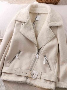 Ftlzz Winter Faux Leather Librs Collar Jacket Women Moto Bike quente grossa PU casaco Faux Lamb Couhe Outerwear L220728