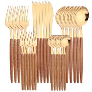 Flatware Sets Terprun 30Pcs Brown Gold Cutlery Stainless Steel Fork Western Knife Spoon Dinnerware Kitchen Tableware Wood Handle FlatwareFla