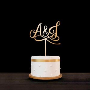 Andere Event-Party-Zubehör, personalisierte Verlobung, Holz-Kuchenaufsatz, Laser-Out-Initialen, individueller goldener Spiegel-Acryl-Hochzeitsaufsatz, andere OOth