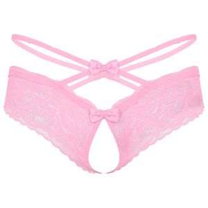 Erkekler G-Strings Erkekler sissy iç çamaşırı egzotik see-through dantel kasıksuz brifingler bowknot düşük bel t-back iç çamaşırları