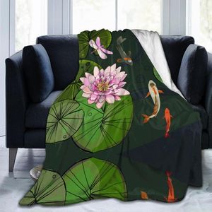 Blankets Soft Warm Flannel Blanket Pond With Lotus Bud Leaves Fishes Dragonfly Travel Portable Winter Throw Thin Bed Sofa BlanketBlankets