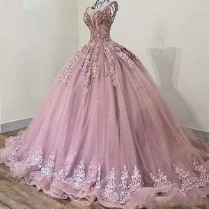 Baby rosa bollklänning quinceanera prom klänningar spetspärlor prinsessa flickor födelsedag formella klänningar med juvelhals ärmlös snörning tillbaka b0607x11